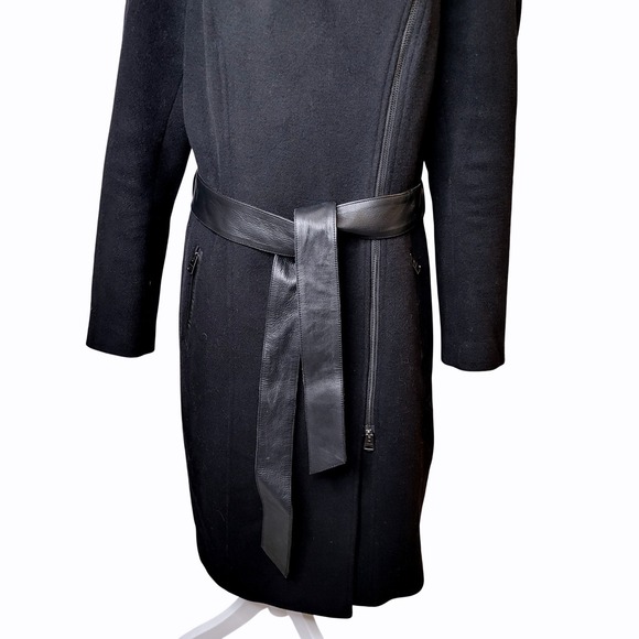 Mackage Nori 2-in-1 Black Wool Cashmere Double Collar Wrap Coat Leather Belt Zip - Picture 8 of 16
